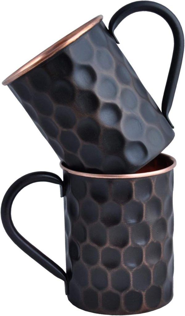 16 Oz Black Moscow Mule Pure Copper Mugs, Genuine Copper Cups for Drinking Moscow Mules, Food Safe Handcrafted Solid Real Copper Mug Large Cup Hammered Finish Christmas Gift Set of 2