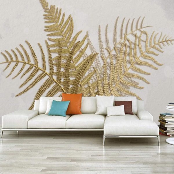 3D Mural Wallpaper Golden Relief Creative Leaf Art Mural Luxury Living Room Sofa TV Background