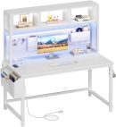 White Computer Desk with Hutch and Pegboard - Computer Desk with Power Outlets, 47 Inch Modern Study Teen Desk with Pegboard Storage Bag, Hooks and Side Bag,Writing Desk for Bedroom Home Office