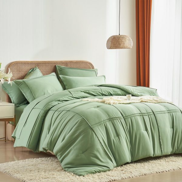 Full Size Comforter Set 7 Piece Bed in a Bag,Grid Pinch Pleat Sage Green Bedding Set,Striped Textured Soft Microfiber Comforter with Sheet Set,All Season Complete Bed Set(Sage Green,Full)
