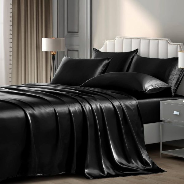 6 Pieces Queen Satin Sheets Luxury Silky Black Satin Bedding Sheet Set, 1 Deep Pocket Fitted Sheet + 1 Flat Sheet + 4 Pillow Cases - Image 2