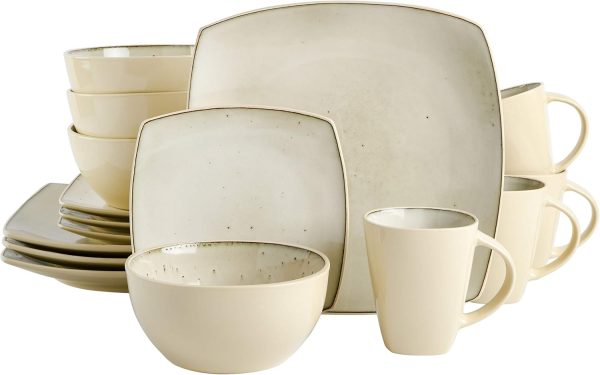Square Reactive Glaze Stoneware Dinnerware Set, Service for 4 (16pc), Speckled Taupe
