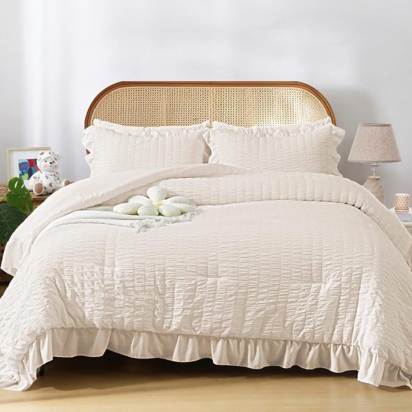 Beige Queen Comforter Set, 3 Pieces Seersucker Comforters Queen Size, Lightweight & Fluffy Bedding Sets Queen for All Season with 1 Ruffle Comforter and 2 Ruffle Pillowshams