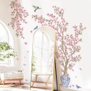 Pink Cherry Blossom Flower Tree Wall Decals Hanging Floral Tree Branch Birds Wall Stickers Living Room Bedroom Tv Background Wall Decor