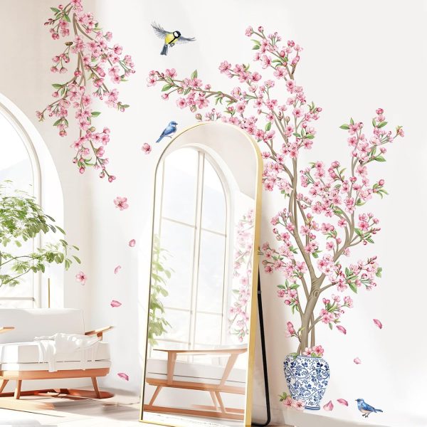 Pink Cherry Blossom Flower Tree Wall Decals Hanging Floral Tree Branch Birds Wall Stickers Living Room Bedroom Tv Background Wall Decor