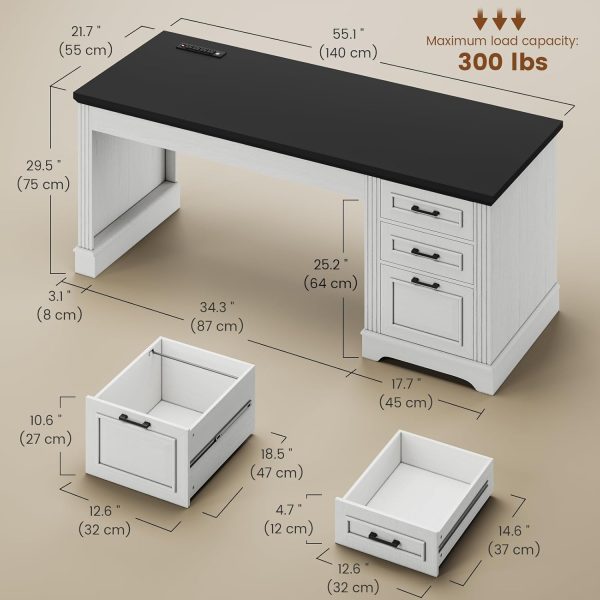 Farmhouse 55" Executive Desk, Computer Desk with Storage Drawers and Power Outlet, Home Office Desk, Workstation for Office Home, White - Image 2