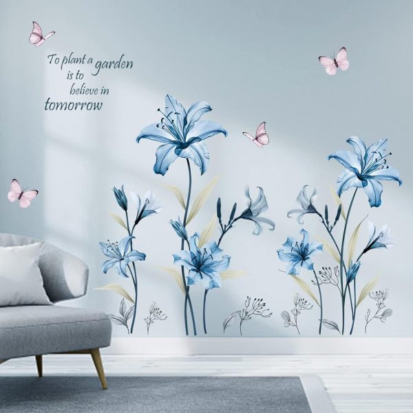 Blue Lily Flower Wall Stickers Floral Butterfly Peel and Stick Wall Art Decals for Living Room Bedroom TV Wall