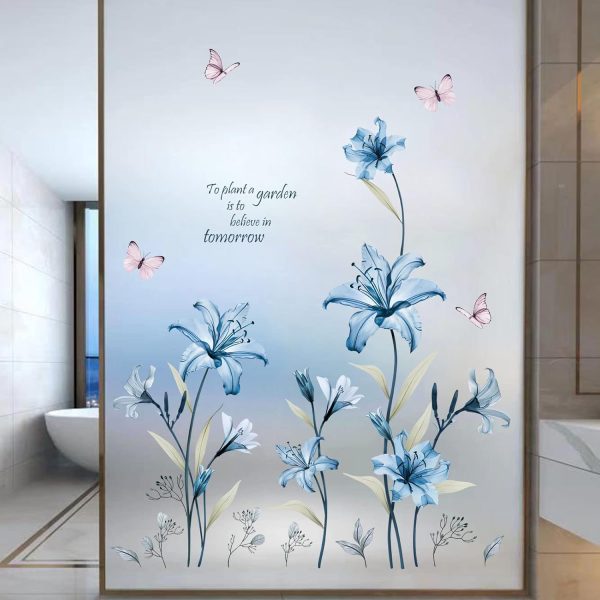 Blue Lily Flower Wall Stickers Floral Butterfly Peel and Stick Wall Art Decals for Living Room Bedroom TV Wall - Image 2