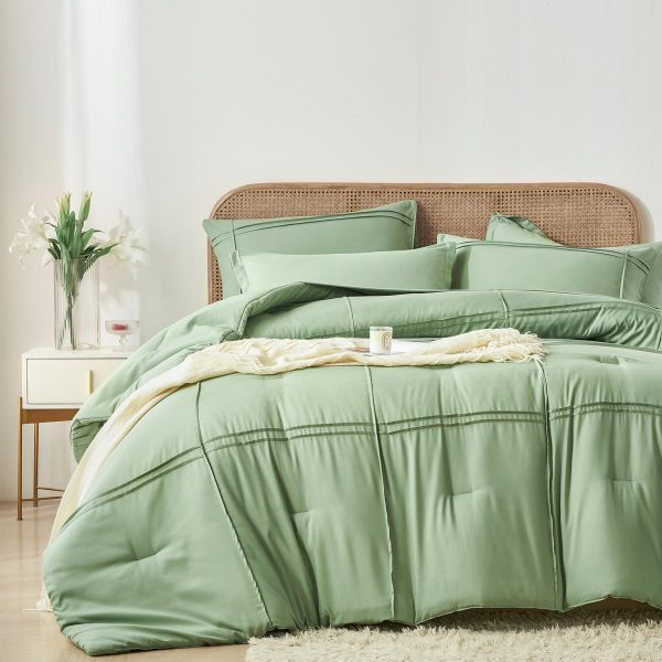 Full Size Comforter Set 7 Piece Bed in a Bag,Grid Pinch Pleat Sage Green Bedding Set,Striped Textured Soft Microfiber Comforter with Sheet Set,All Season Complete Bed Set(Sage Green,Full) - Image 2