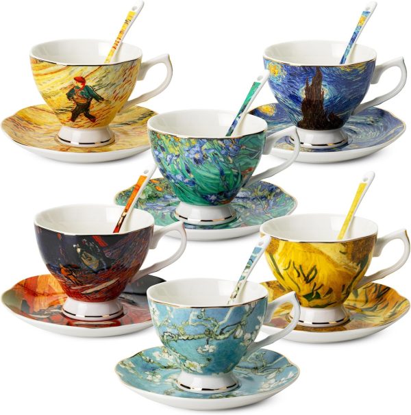 Tea Cups and Saucers Set of 6 (8 oz), Porcelain Tea Cups Set of 6, Tea Cup Set with Spoon, Tea Cup and Saucer Set, Teacup Set, Cup & Saucer Sets, Tea Cup Set of 6, Mother's Day Gift