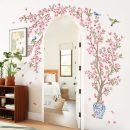 Pink Cherry Blossom Flower Tree Wall Decals Hanging Floral Tree Branch Birds Wall Stickers Living Room Bedroom Tv Background Wall Decor