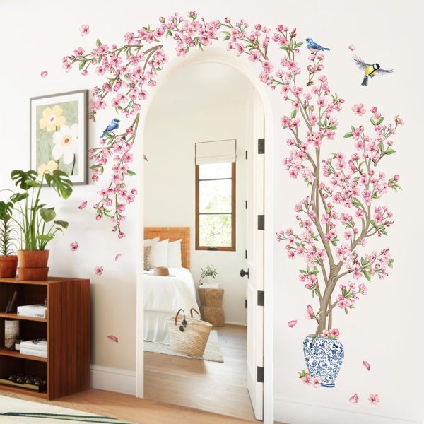 Pink Cherry Blossom Flower Tree Wall Decals Hanging Floral Tree Branch Birds Wall Stickers Living Room Bedroom Tv Background Wall Decor - Image 2