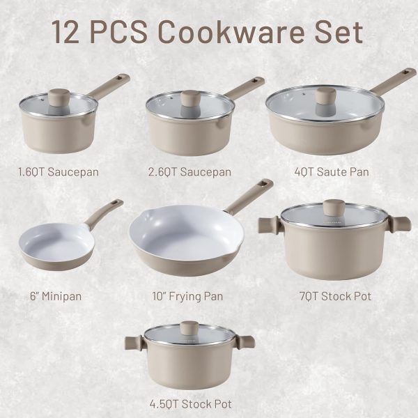 Ceramic Cookware Set 12 Piece, Healthy & PFOA/PFAS Free, Nonstick Pots and Pans Set, Induction-Compatible, Taupe - Image 2