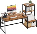 Computer Desk 67 inch with Printer Shelf, Reversible Office Desk with Monitor Stand and 2 Hooks, Home Desk Workstation for Study Writing Working Gaming, Brown