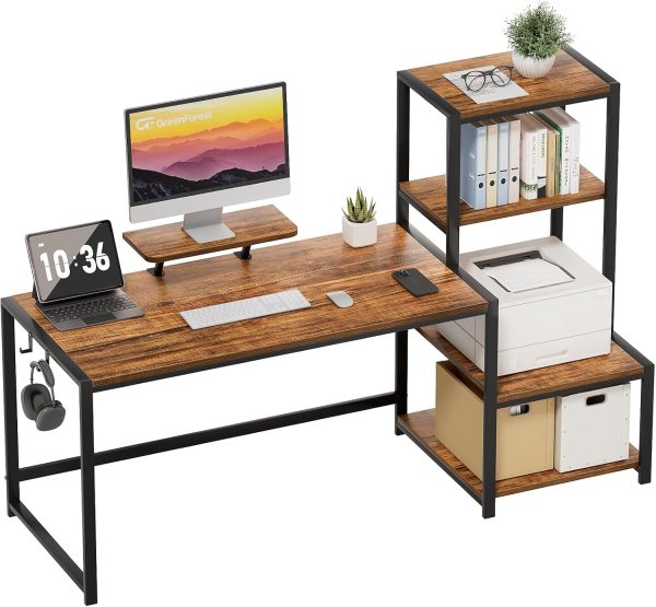 Computer Desk 67 inch with Printer Shelf, Reversible Office Desk with Monitor Stand and 2 Hooks, Home Desk Workstation for Study Writing Working Gaming, Brown