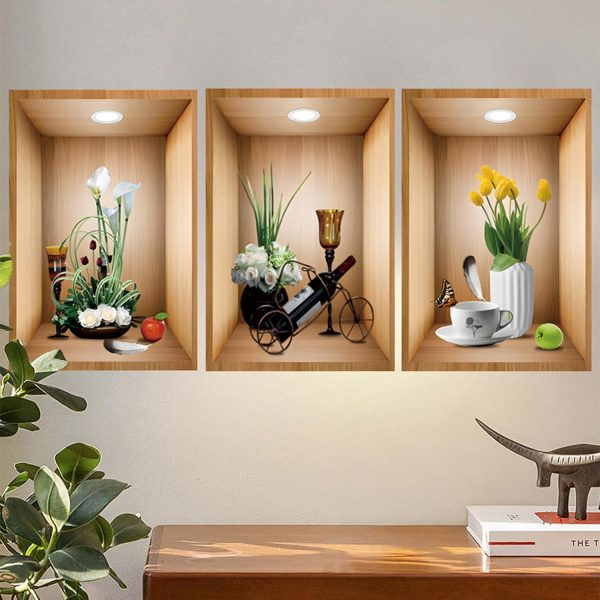 3D Green Pot Plants Wall Decals, 3D White Flower Vases Wall Stickers, Creative Vinyl Peel and Stick Removable Wall Art Decor for Bedroom Living Room Kitchen (3D Green Plants 02)