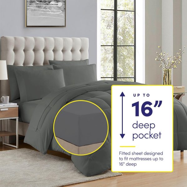 5 Piece Comforter Set Bag Solid Color All Season Soft Down Alternative Blanket & Luxurious Microfiber Bed Sheets, Gray, Twin - Image 2