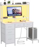 Computer Gaming Desk with Hutch, Home Office Desk with Power Outlets, LED Light, 5 Storage Drawers, 2 Tiers Shelves for Display, 39 Inch Modern Study Writing Table for Bedroom, White