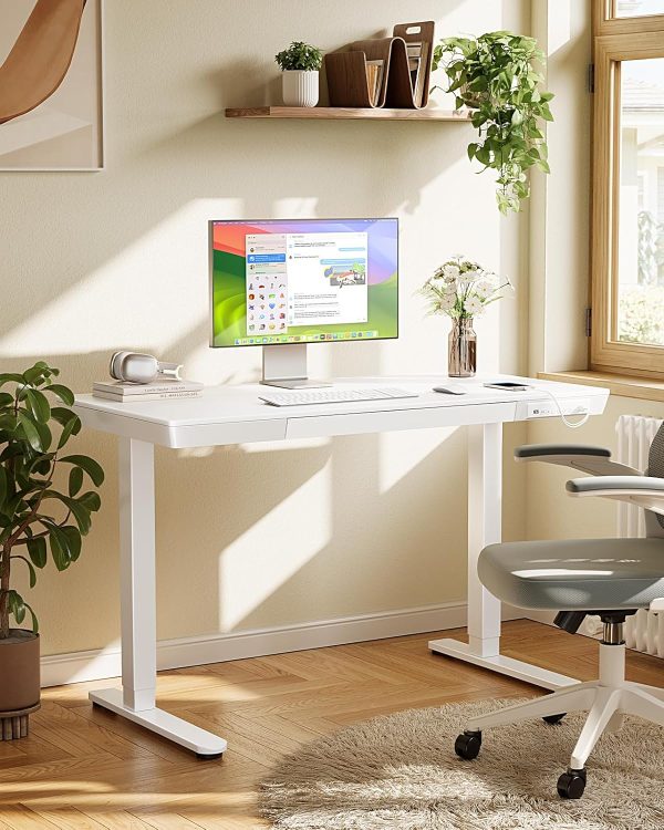 Standing Desk with Drawer, 48 x 24 inch Whole Piece Tabletop Electric Standing Desk, Height Adjustable Desk with USB Charging Ports, Sit Stand Desk with Storage for Home & Office White - Image 2