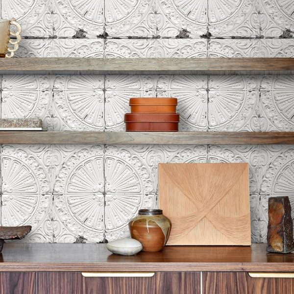 White Tin Tile Wallpaper Peel and Stick Vintage Faux 3D Embossed Contact Paper Decorative Old Metallic Self Adhesive Wallpaper for Kitchen Bathroom Ceiling Bedroom Walls Ceilings 17.5x78.8 - Image 2