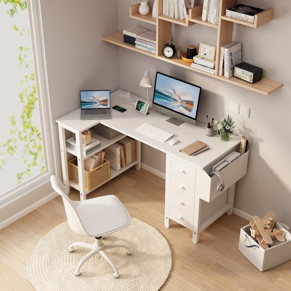 White L Shaped Computer Desk with Drawers & Storage Shelves, 47 Inch Corner Reversible Desk with Power Outlet for Home Office Bedroom, L-Shaped Teen PC Desks with Fabric Drawer, White - Image 2