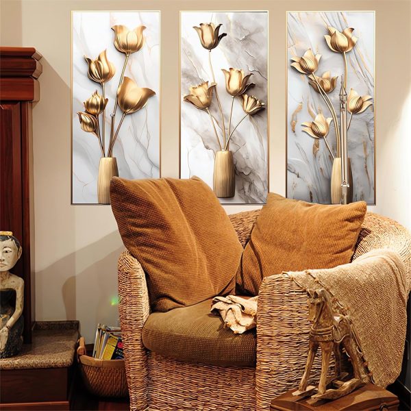 Golden Tulips Fake Flower Vase Wall Stickers,  3D Floral Art Wall Decals Removable Vinyl Peel and Stick for Living Room Bedroom Sofa TV Background Home Decorations