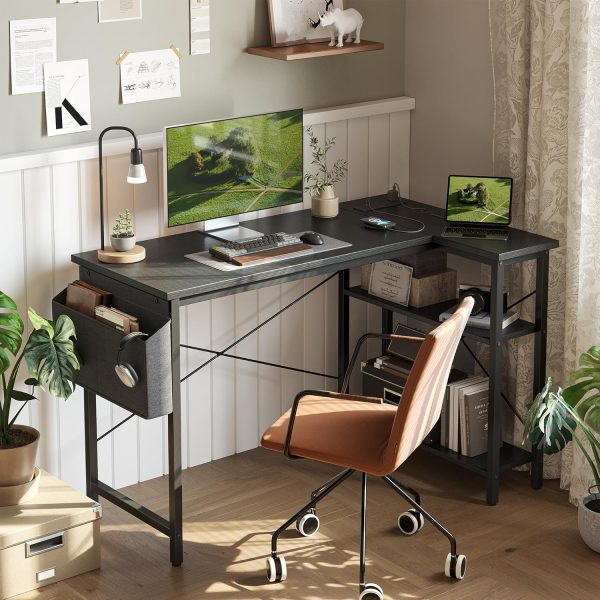 Small Computer Desk with Power Outlets, 40 Inch L Shaped Desk with Reversible Shelves, Gaming Desk Corner Desk Study Writing Table for Home Office Bedroom Living Room, Black - Image 2