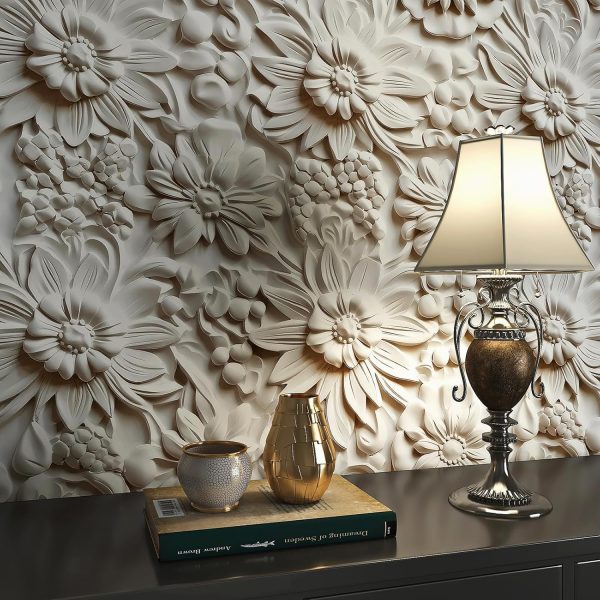 Off White 3D Floral Wallpaper Peel and Stick Embossed Flower Wallpaper for Bedroom Removable White Contact Paper Peel and Stick Wall Paper Decor for Bathroom Walls Cabinets Ceiling 17.5"x118" - Image 2
