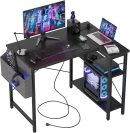 Small Computer Desk with Power Outlets, 40 Inch L Shaped Desk with Reversible Shelves, Gaming Desk Corner Desk Study Writing Table for Home Office Bedroom Living Room, Black