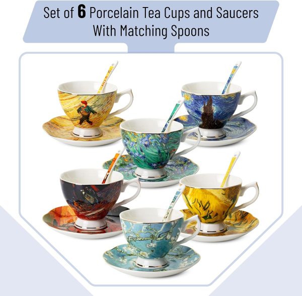 Tea Cups and Saucers Set of 6 (8 oz), Porcelain Tea Cups Set of 6, Tea Cup Set with Spoon, Tea Cup and Saucer Set, Teacup Set, Cup & Saucer Sets, Tea Cup Set of 6, Mother's Day Gift - Image 2