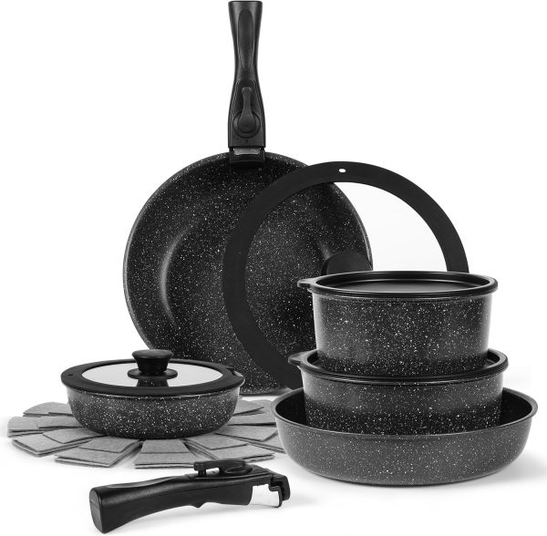 15 Pcs Premium Nonstick Cookware Set_Marble Coated Interior & Exterior_Outperforms Granite_Removable Handle, RV Space Saving_Frying Pans, Saucepans_Induction & Oven Safe_PFOA Free, Healthy Cooking