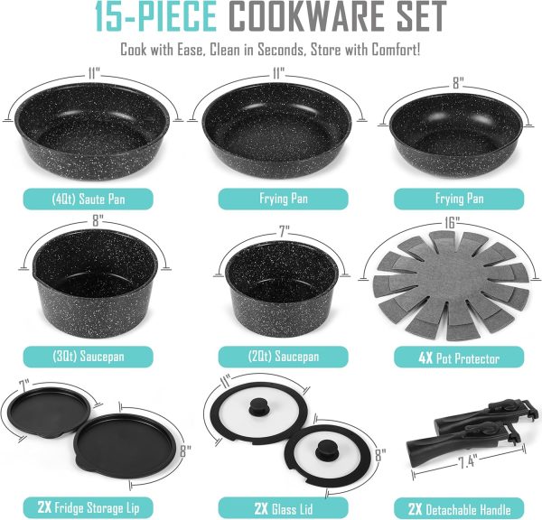 15 Pcs Premium Nonstick Cookware Set_Marble Coated Interior & Exterior_Outperforms Granite_Removable Handle, RV Space Saving_Frying Pans, Saucepans_Induction & Oven Safe_PFOA Free, Healthy Cooking - Image 2