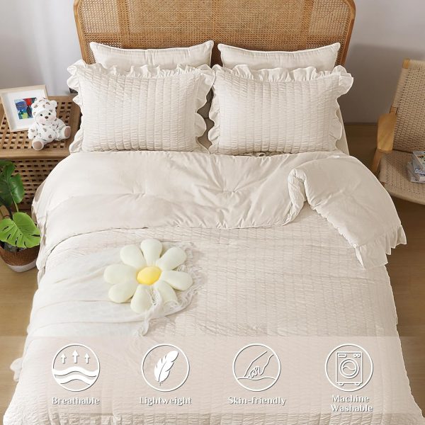 Beige Queen Comforter Set, 3 Pieces Seersucker Comforters Queen Size, Lightweight & Fluffy Bedding Sets Queen for All Season with 1 Ruffle Comforter and 2 Ruffle Pillowshams - Image 2