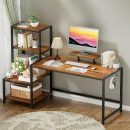 Computer Desk 67 inch with Printer Shelf, Reversible Office Desk with Monitor Stand and 2 Hooks, Home Desk Workstation for Study Writing Working Gaming, Brown