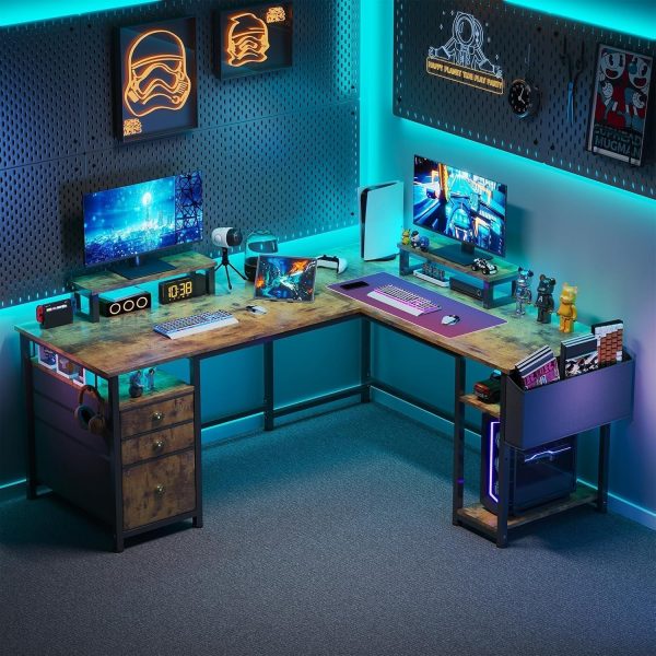 L Shaped Computer Desk with Fabric File Drawers Cabinet, 66 Inch Large Corner Gaming Desk with Filing Cabinet and Storage Shelves, Home Office Desks with 2 Movable Monitor Stands, Rustic Brown - Image 2