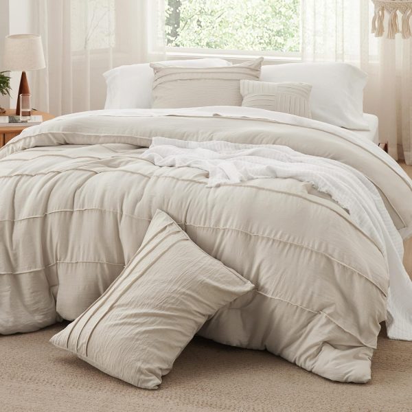 Queen Comforter Set - 4 Pieces Pinch Pleat Bed Set, Beige Boho Bedding for All Season, 1 Soft Comforter, 2 Pillowcases, 1 Decorative Pillow