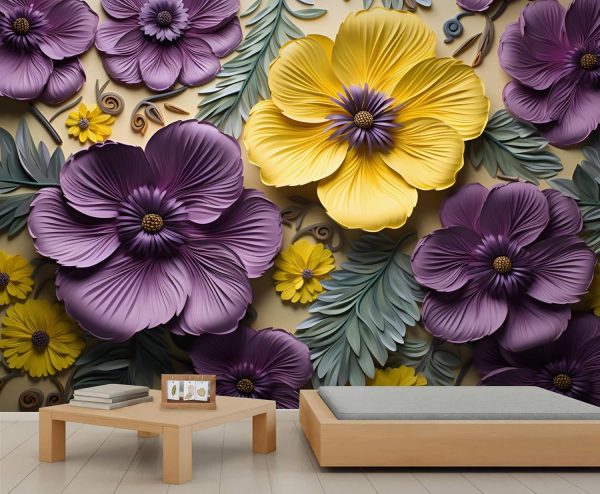 3D Flowers Wall Mural, Relief Flowers 3D Wallpaper Mural, Elegant Flower Wall Murals Wallpaper for Woman Bedroom Living Room - 78.7" W x 55.1" H