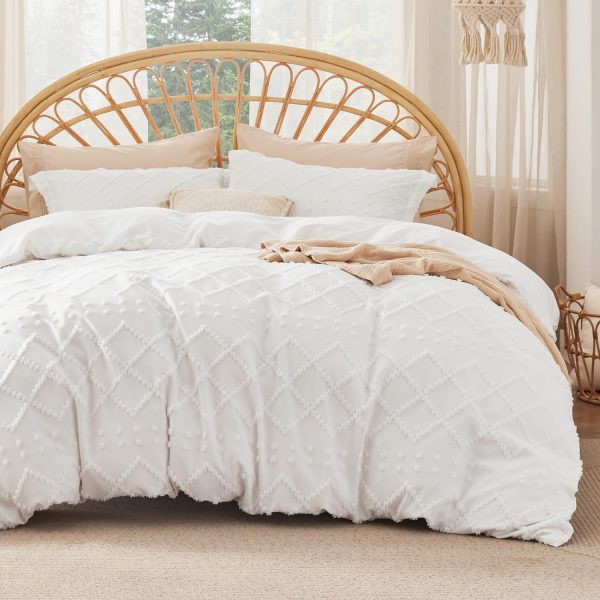 Boho Duvet Cover Queen Size with Fitted Sheet - Boho Bedding Comforter Set, 4 Pieces, Includes 1 Duvet Cover 90x90 Inches with Zipper Closure, 2 Pillow Shams, 1 Fitted Sheet, White