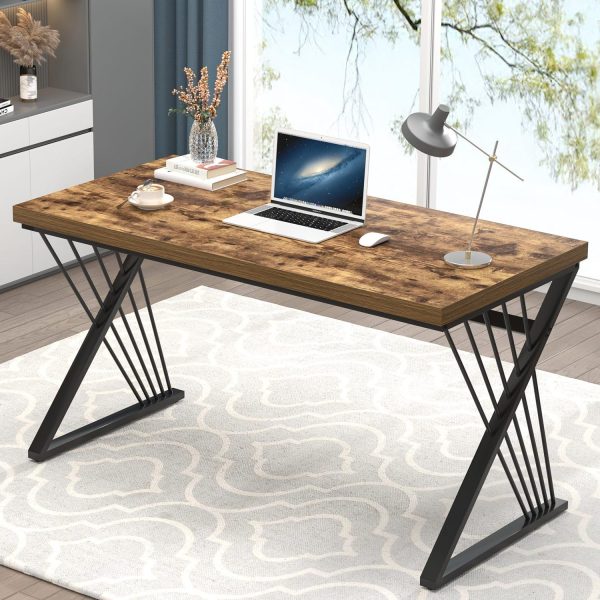 Home Office Desk, Modern Wood and Metal Computer Desk, Simple Writing Work PC Desks for Bedroom, Industrial Study Gaming Table for Living Room, Rustic Brown, 53 Inch