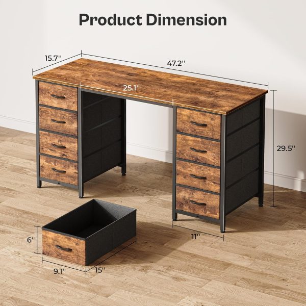 47 Inch Computer Desk with 8 Fabric Drawers, Office Desk Work Desk for Home Office, Study, Gaming Desk with Drawers, Large Storage, Rustic Brown - Image 2